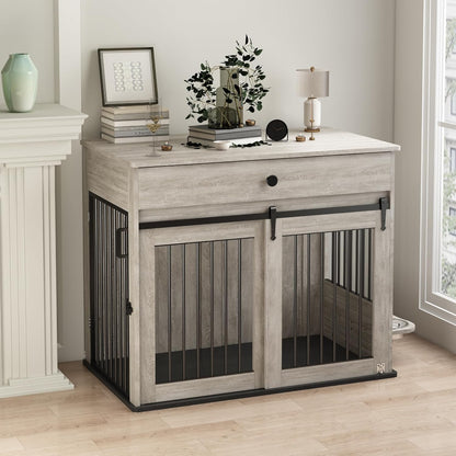 Large Dog Crate Furniture with Sliding Door & 360° Spinning Bowls | Durable Modern End Table for Medium & Large Dogs for Pet Owners (40-Inch)