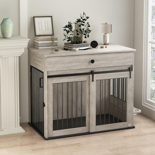 Large Dog Crate Furniture with Sliding Door & 360° Spinning Bowls | Durable Modern End Table for Medium & Large Dogs for Pet Owners (40-Inch)
