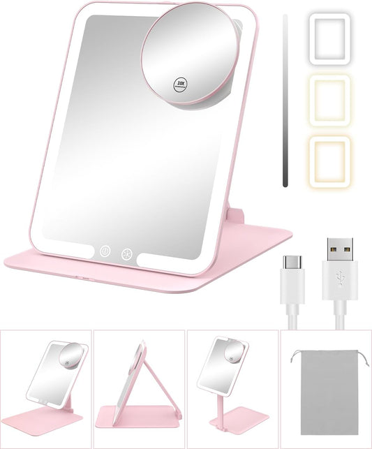 Travel Makeup Mirror with Lights and Magnification 10X, Portable Make up Compact Tabletop Mirror with Adjustable Stand, 3 Colored Lights Rechargeable Lighted LED Vanity Mirror - Pink