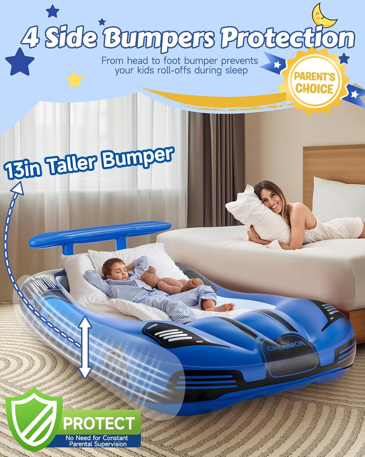 Inflatable Toddler Travel Bed with Safety Bumpers & 2 Mins Auto Inflation Pump, Portable Toddler Kids Air Mattress with Carry Bag for Home Grandma'S Sleepovers Travel Camping, 330Lbs Support