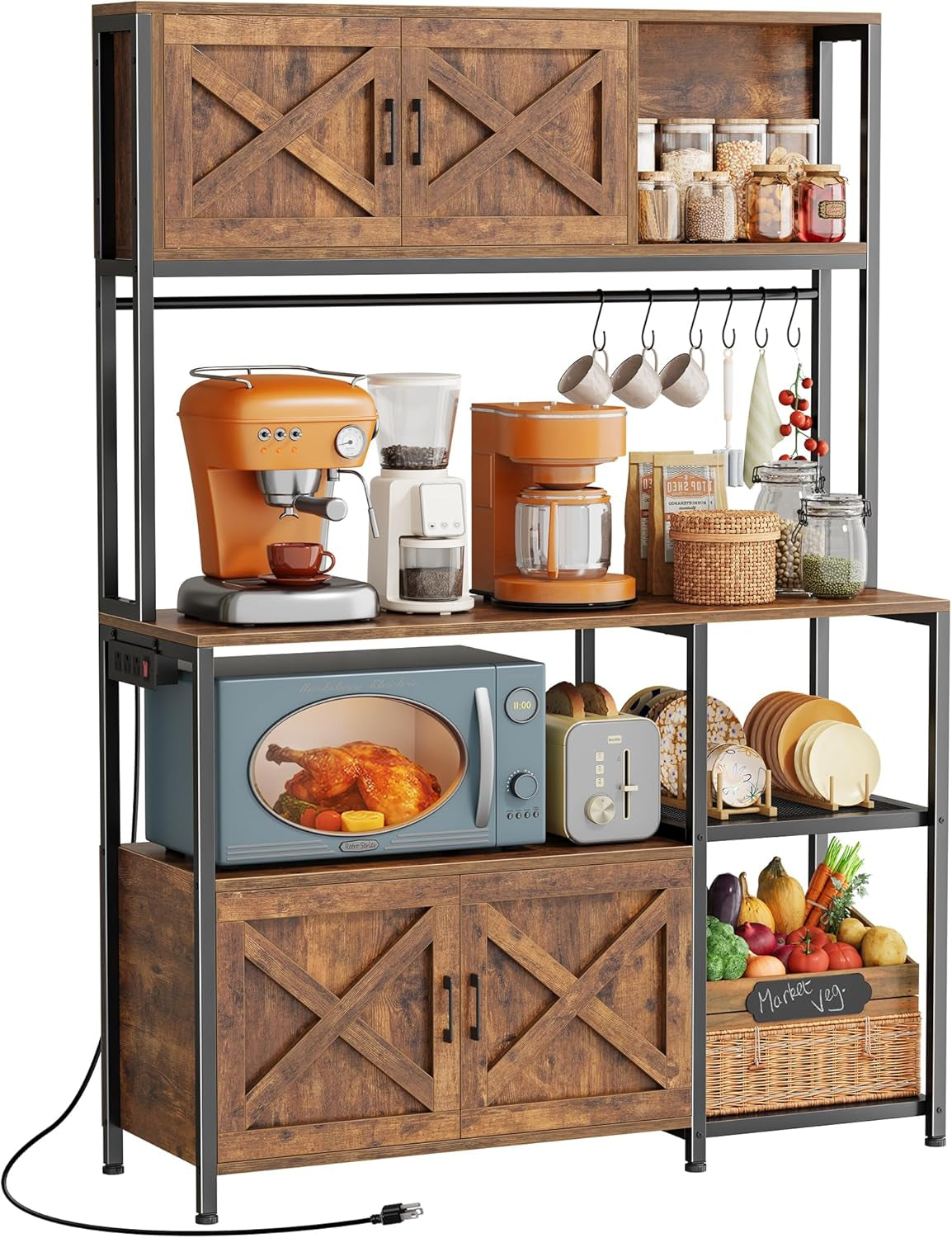 Large Bakers Rack with Power Outlet, Kitchen Microwave Stand with Cabinets, Coffee Bar Table Station with Storage, 6 S-Shaped Hooks, Mesh Shelves, 45 Inch Wooden Top, Rustic Brown