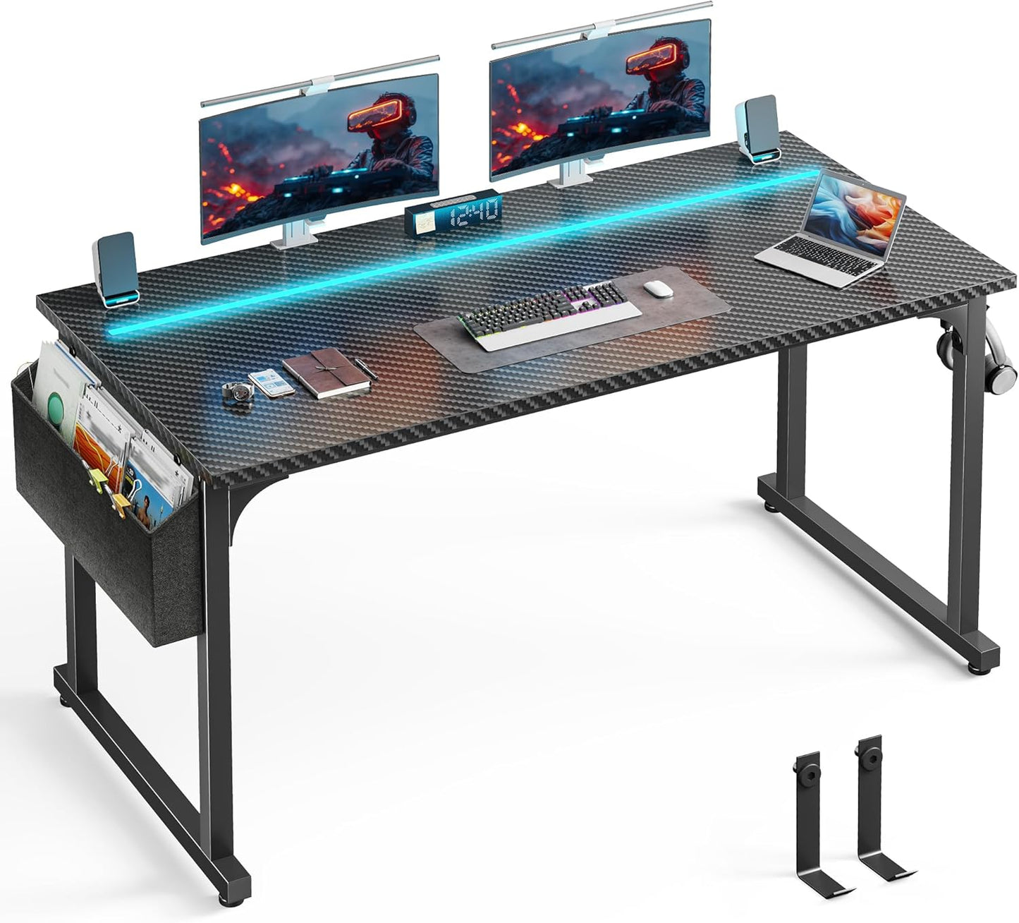 55 Inch Computer Desk with LED Lights, Gaming Desk with Storage Bag for Home Office, Simple Office Desk with Headphone Hook for Study Writing Work Desk,Sturdy Metal Frame,Black