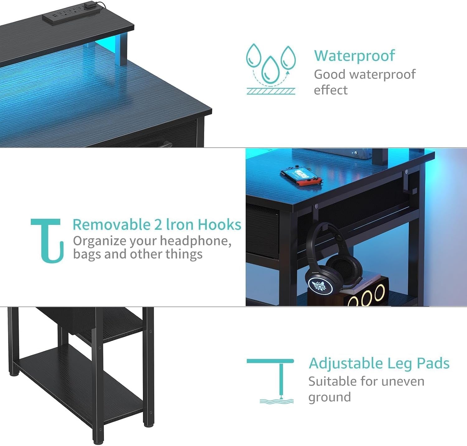 Gaming Desk with Led Lights and Power Outlets, 47 Inch Home Office Desk with Monitor Stand & Shelves, Writing Study Computer Desks with Fabric Drawers for Bedroom, Black