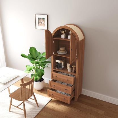 71" Tall Arched Kitchen Pantry Cabinet with Microwave Shelf,Modern Farmhouse Hutch Cabinet with Drawers & Door,Arched Storage Sideboard Cabinets (Walnut, 13.78" D X 27.56" W X 70.87" H)