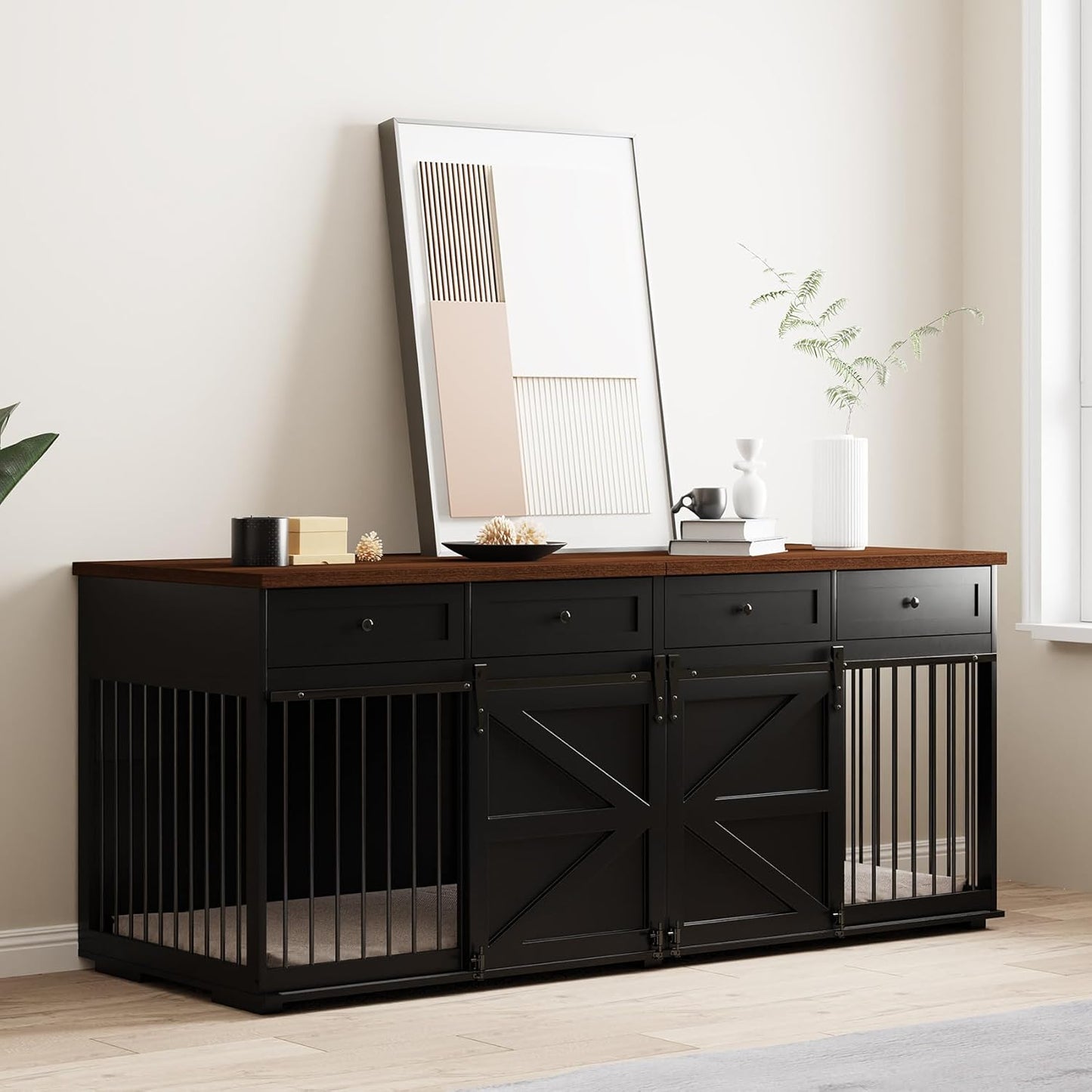 Dog Crate Furniture - Indoor Wooden Dog Kennel Furniture with 4 Drawers & 2 Sliding Barn Doors - for Small Medium Large Dogs - 83" Lx31.5 Wx35.6 H, White