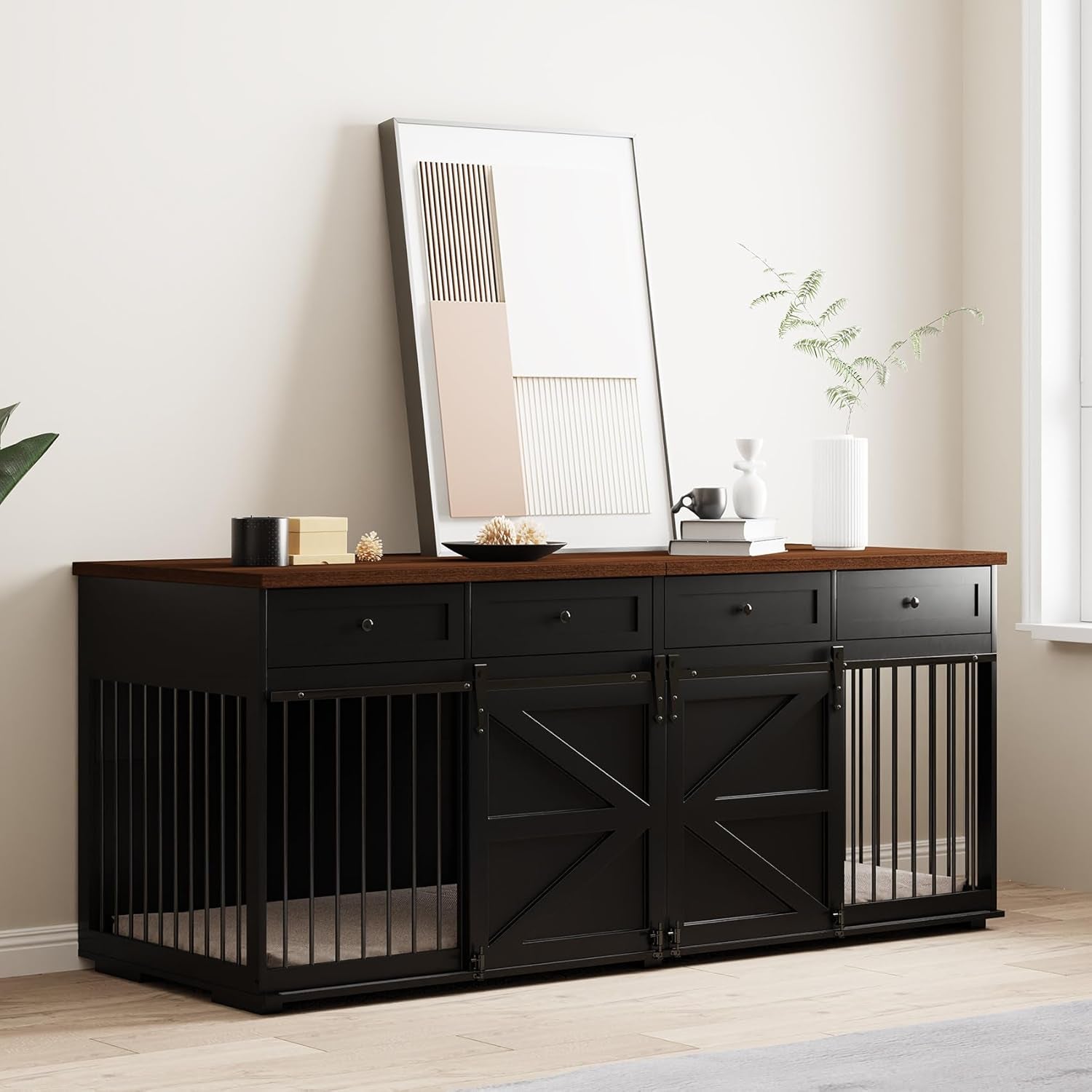 Dog Crate Furniture - Indoor Wooden Dog Kennel Furniture with 4 Drawers & 2 Sliding Barn Doors - for Small Medium Large Dogs - 83" Lx31.5 Wx35.6 H, White