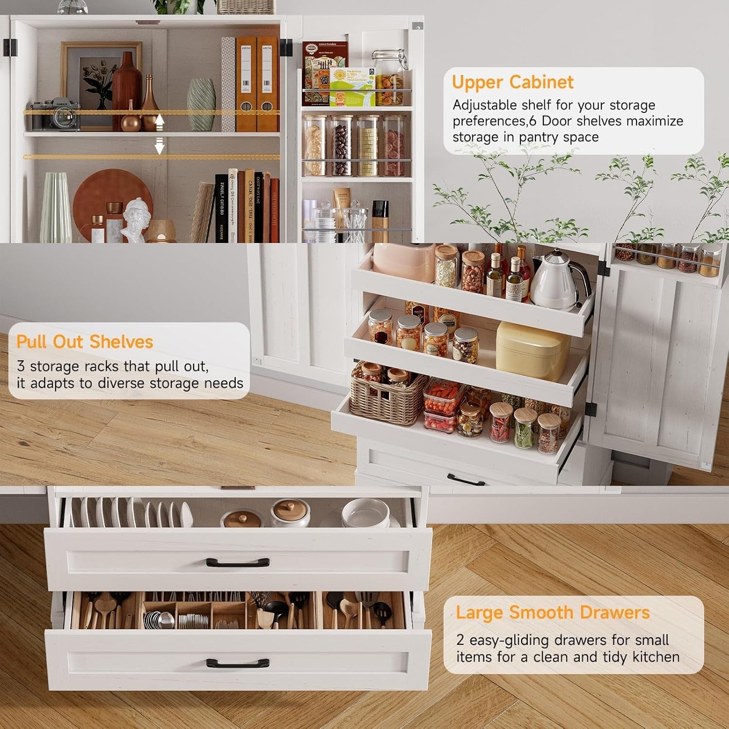 71" Tall Farmhouse Kitchen Pantry Cabinet with 3 Pull Out Shelves & 2 Large Drawers, Pantry Storage Cabinet with 6 Door Shelves & Adjustable Shelf, Freestanding Pantry for Kitchen, Dining Room