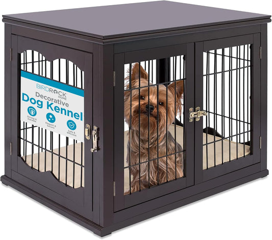 Internet'S Best Decorative Dog Kennel with Pet Bed | Double Door | Wooden Wire Dog House | Large Indoor Pet Crate Side Table | Espresso