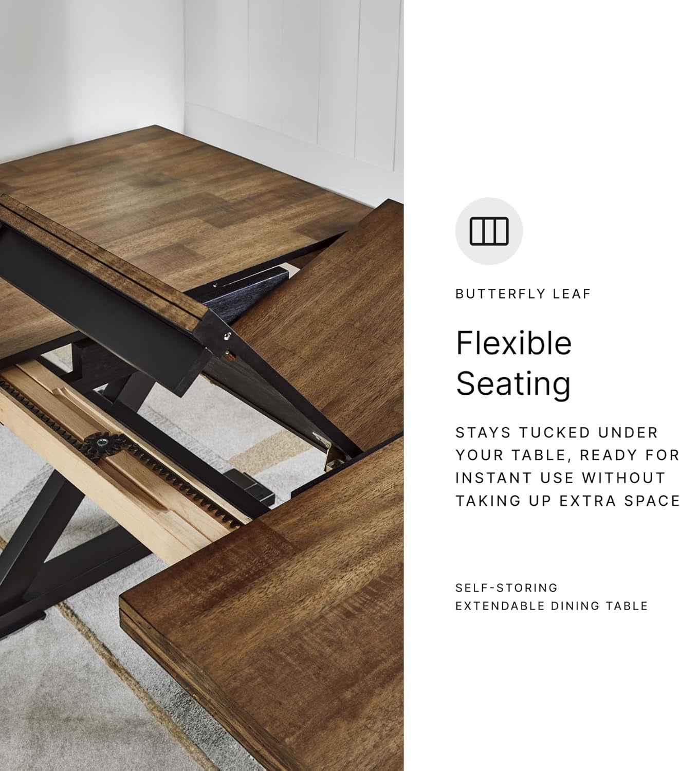 Wildenauer Farmhouse Dining Extension Table with Self-Storing Butterfly Leaf for 6-8 People, Black & Dark Brown