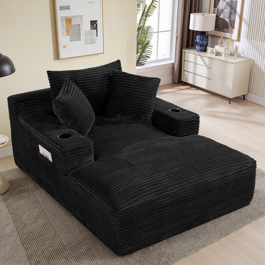 50"W X 68"D Oversized Chaise Lounge Chair Indoor Boneless Reading Chair Plush Corduroy Recliner with Cup Holders Large Deep Seat Comfy Sofa Bed Couch with 3 Pillows for Living Room Bedroom, Black