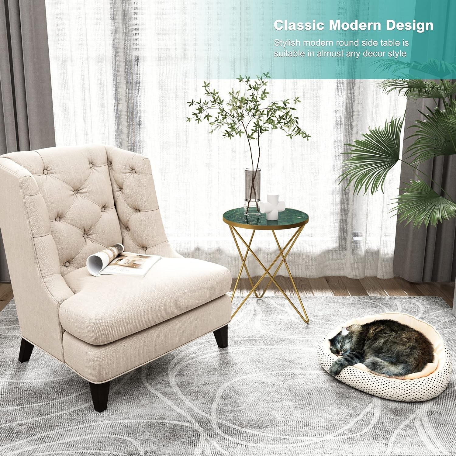 Modern round Side Table, End Table with Marble Effect Top and Gold Metal Frame, Small Side Table for Living Room, Bedroom, Sofa and Couch, Gold Legs, Green Marble Top