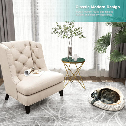 Modern round Side Table, End Table with Marble Effect Top and Gold Metal Frame, Small Side Table for Living Room, Bedroom, Sofa and Couch, Gold Legs, Green Marble Top