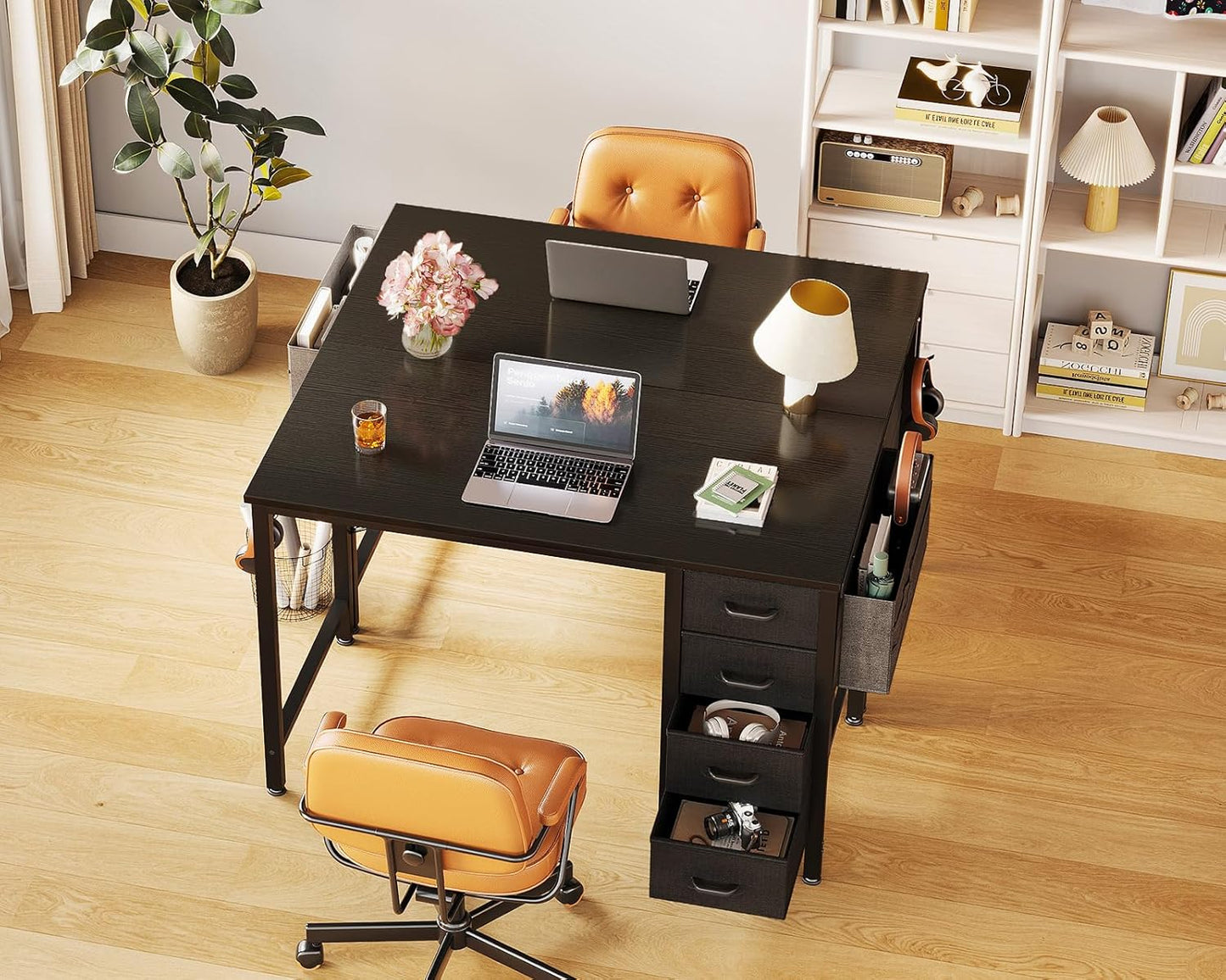 32-Inch Small Computer Desk with 4 Fabric Drawers — Home Office Desks with Storage, Writing Desk with Side Hook and Cloth Bag, Modern Study/Work Table for Bedroom and Small Space, Black