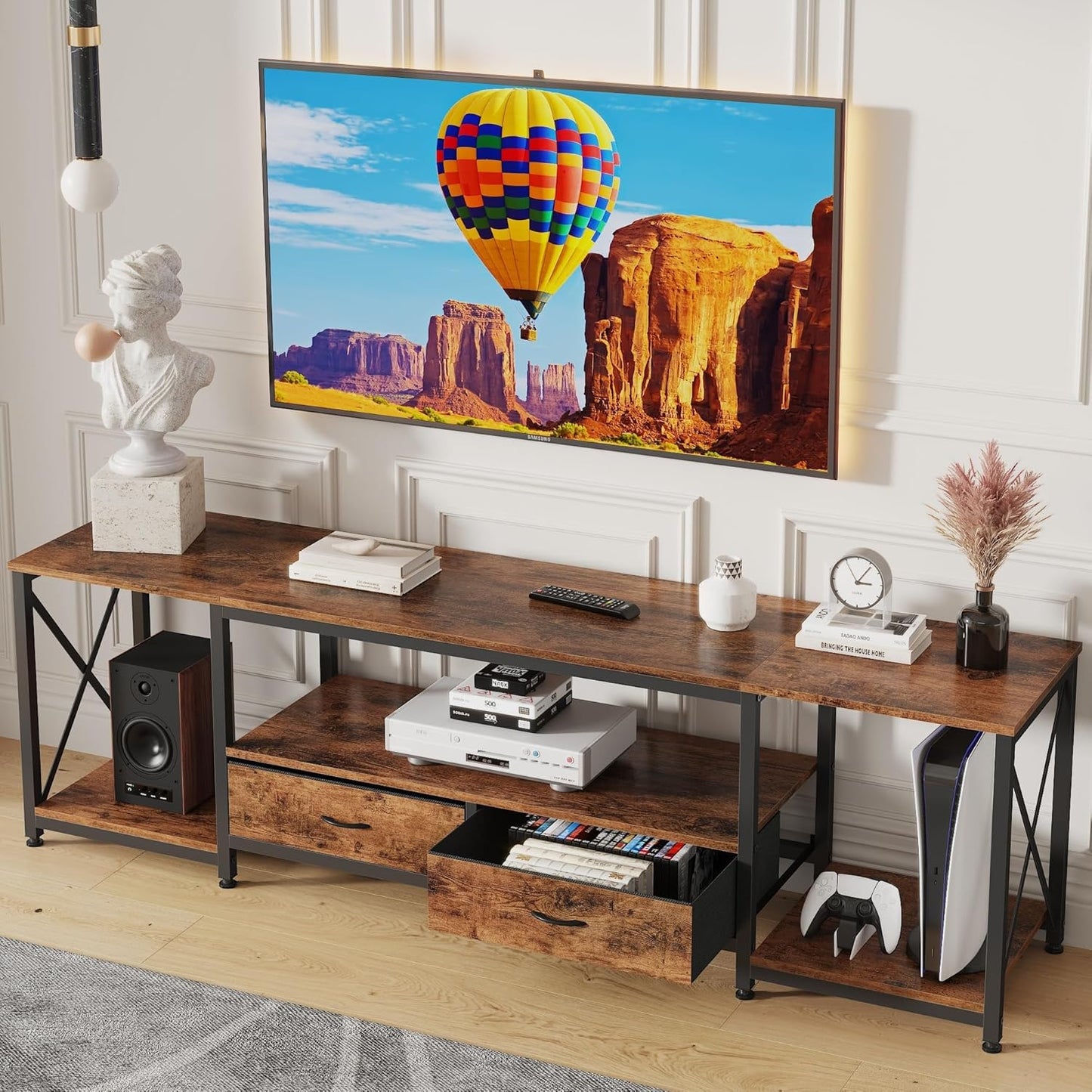 TV Stand with Fabric Drawers for 65 70 75 Inches TV - Entertainment Center and Industrial TV Console Table with Open Storage Shelves for Living Room, Bedroom - 63" Rustic Brown