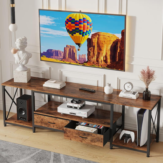 TV Stand with Fabric Drawers for 65 70 75 Inches TV - Entertainment Center and Industrial TV Console Table with Open Storage Shelves for Living Room, Bedroom - 63" Rustic Brown