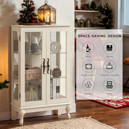 Lighted Curio Cabinet, 44" H Glass Display Case with Adjustable Glass Shelves, Vintage China Cabinet with Mirrored Back Panel & 3-Tier Shelves, Blub Included, Rack for Living Room (Antique White)
