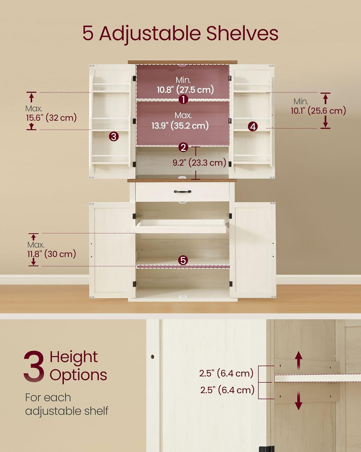 LIRY Collection - Pantry Cabinet, 70.3-Inch Tall Farmhouse Kitchen Storage Cabinet with Barn Doors, Drawer, Tray, Adjustable Shelves, for Kitchen, Dining Room, Hazelnut Brown UBBK364K01