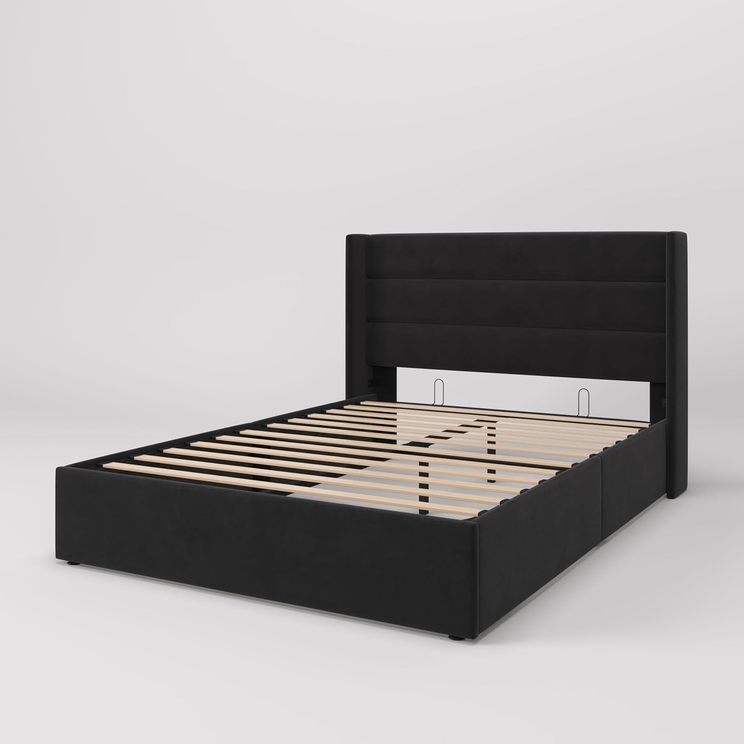 Queen Size Lift up Storage Bed/Velvet Upholstered/Modern Wingback Headboard/Upholstered Platform Bed Frame/Hydraulic Storage/No Box Spring Needed/Black