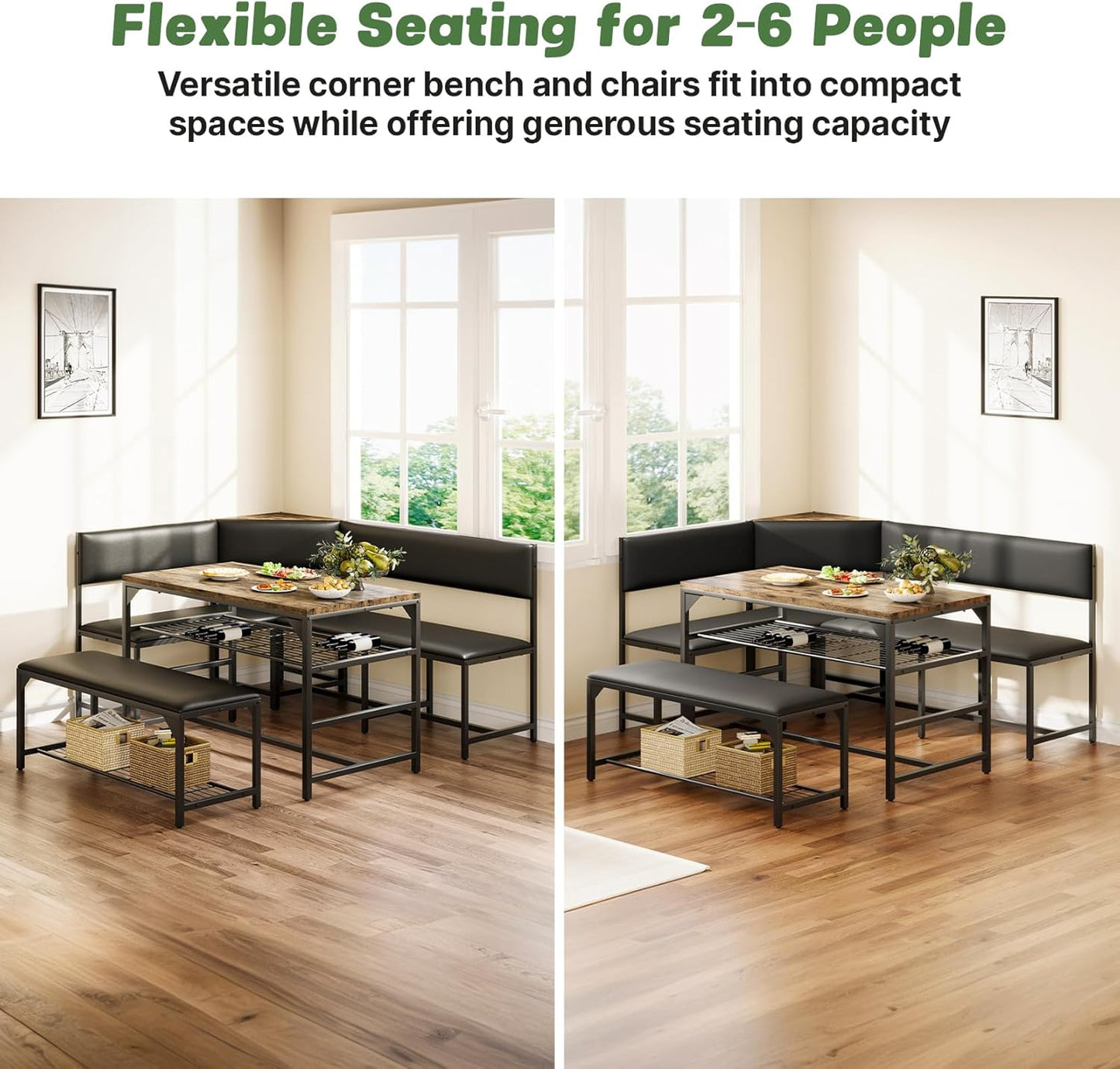 Kitchen Breakfast Nook Table Set with Soft Seat, Corner Dining Table Set for 4-6 People, Dining Room Sets for 4, Space Saving Kitchen Booth Seating with Table for Small Space, Coffee Brown