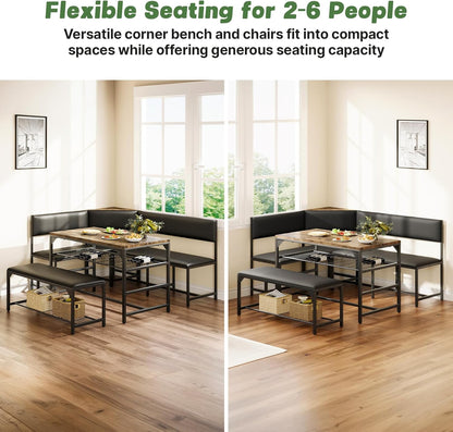 Kitchen Breakfast Nook Table Set with Soft Seat, Corner Dining Table Set for 4-6 People, Dining Room Sets for 4, Space Saving Kitchen Booth Seating with Table for Small Space, Coffee Brown