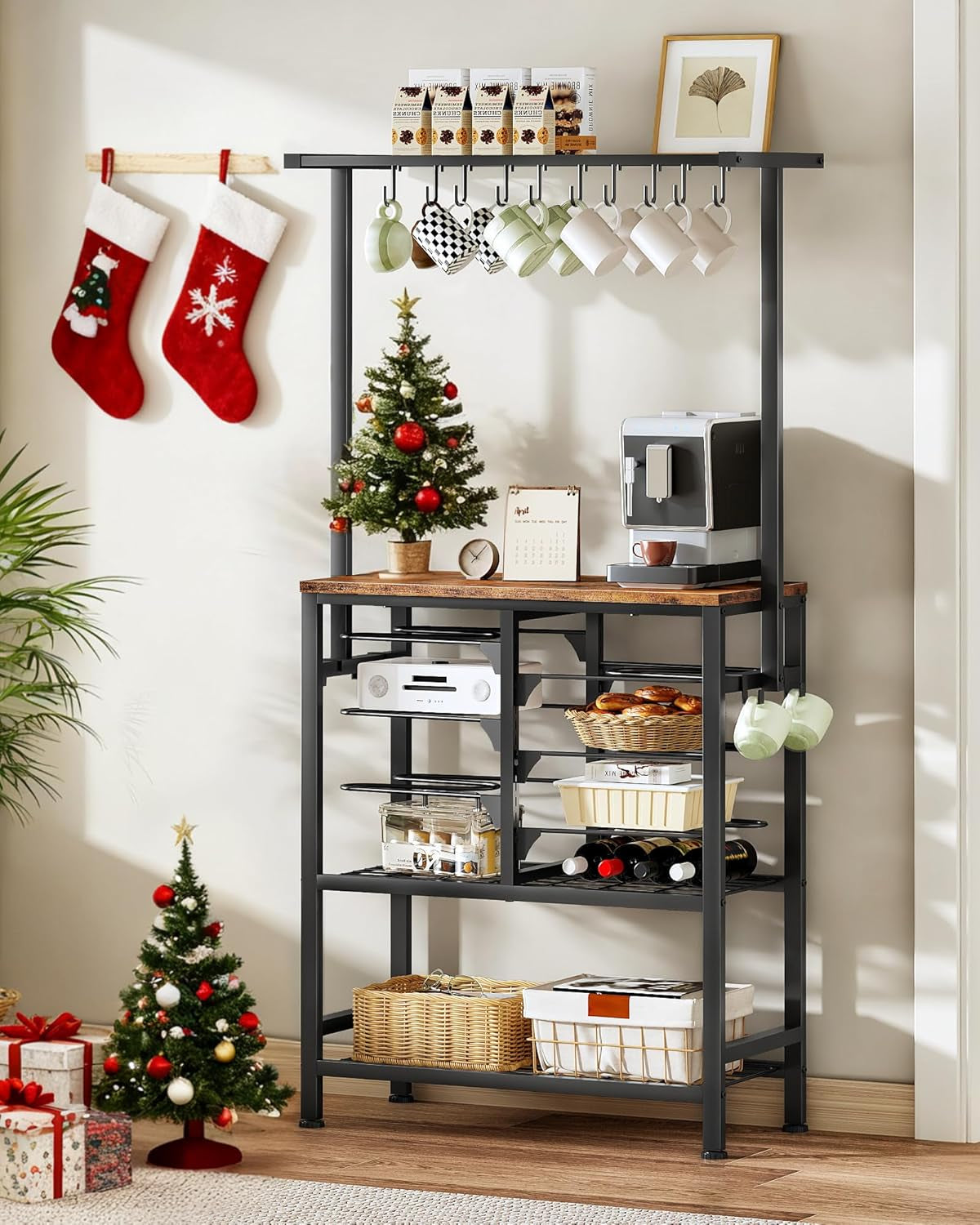 Pots and Pans Organizer Rack, Kitchen Bakers Rack, Multi-Tier Storage Shelf, Kitchen Island Table, Cooking Rack with Pots and Pans Storage, Rustic Brown and Black TPR60BF
