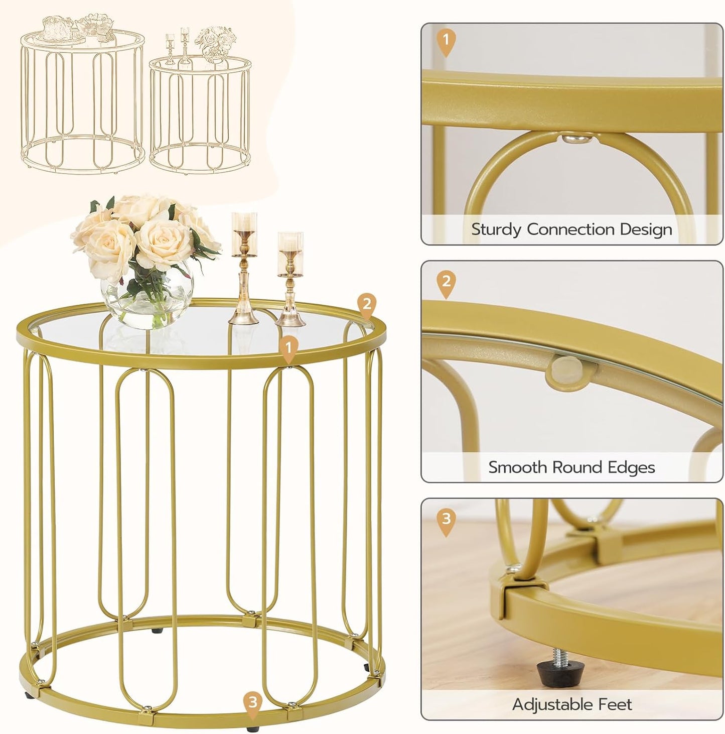 Small Coffee Table Set of 2, Gold Accent End Tables with Metal Frame, round Coffee Side Table with Tempered Glass Tabletop, for Living Room, Bedroom, Gold GD113BZ01