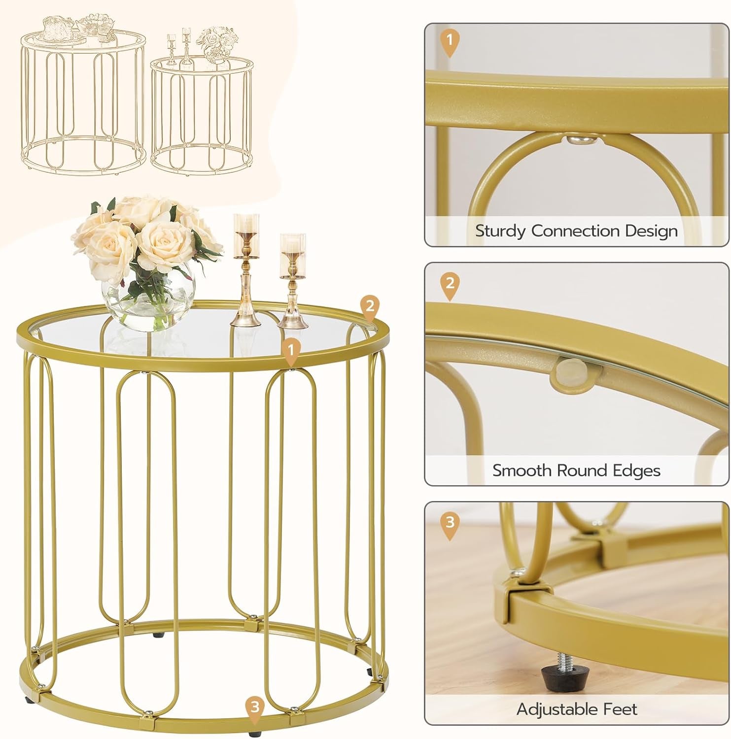 Small Coffee Table Set of 2, Gold Accent End Tables with Metal Frame, round Coffee Side Table with Tempered Glass Tabletop, for Living Room, Bedroom, Gold GD113BZ01