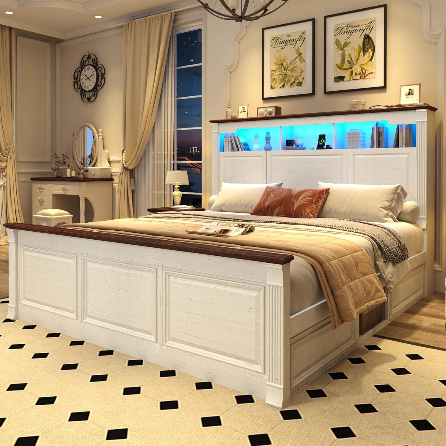 Farmhouse King Size Bed Frame with 55" Tall Storage Headboard & 4 Drawers, Wood Roman Column Platform Bed Frame with 24" Tall Footboard, LED Light, Charging Station, No Spring Needed, Antique White