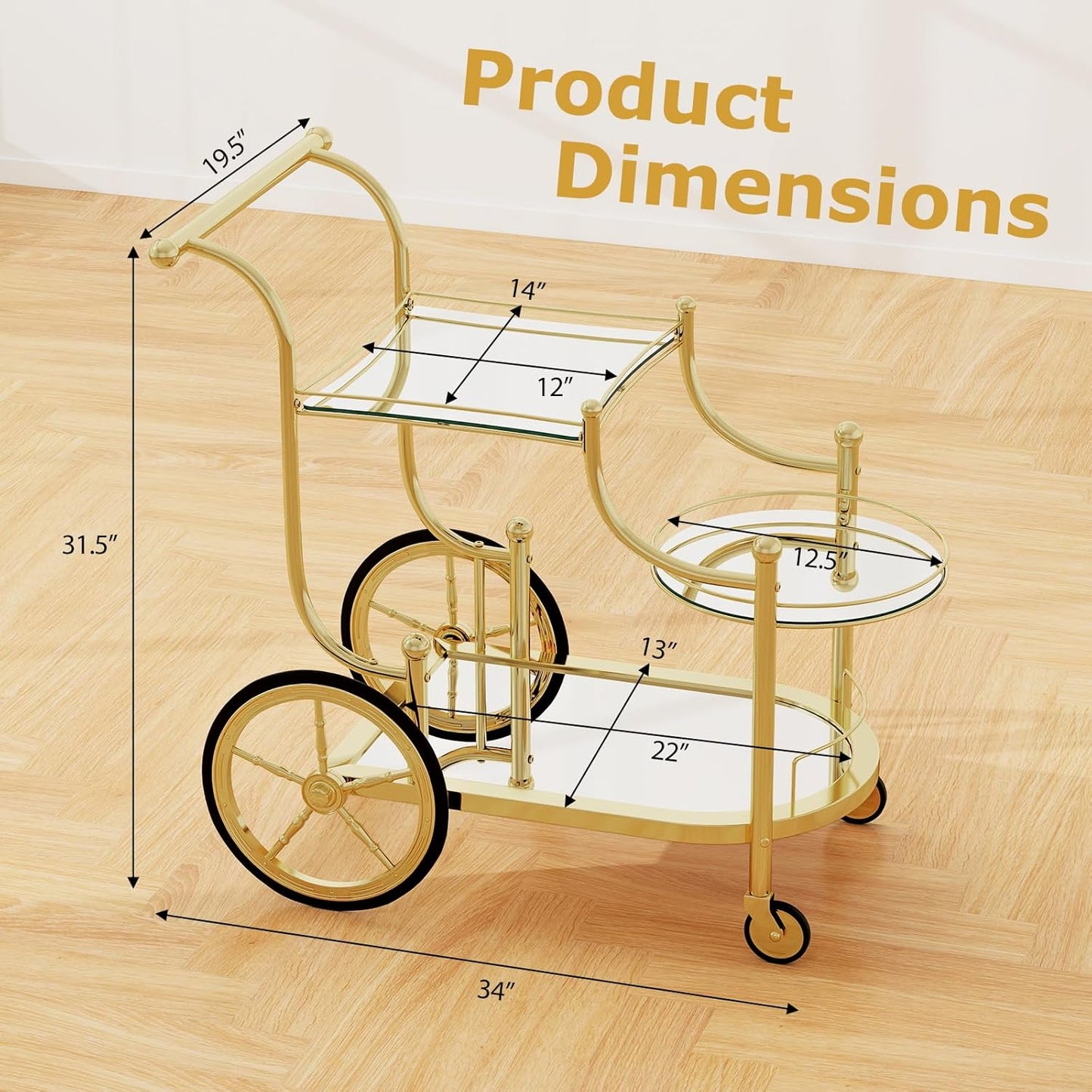 Bar Cart, 3-Tier Rolling Home Bar Serving Cart with Mirrored Shelves & 4 Wheels, Mobile Beverage & Wine Cart for Kitchen, Dining Room, Living Room (Gold)