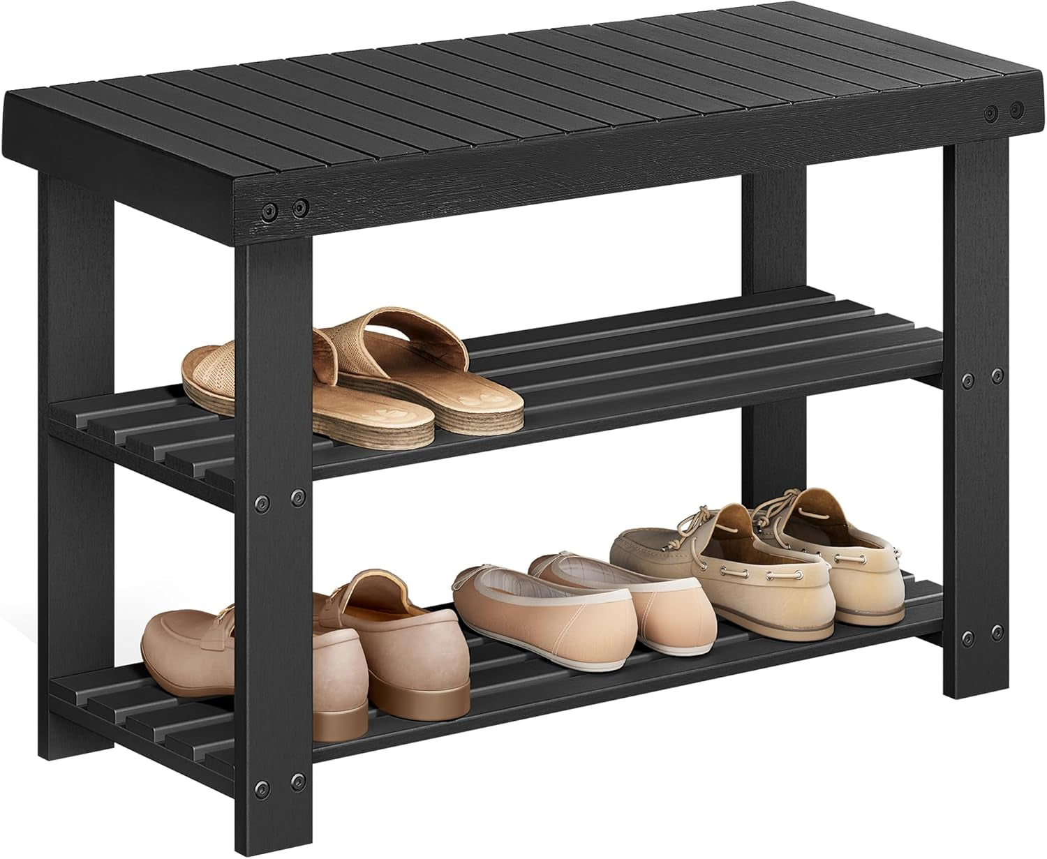 Shoe Rack Bench, 3-Tier Bamboo Shoe Storage Organizer, Entryway Bench, Holds up to 286 Lb, 11.3 X 27.6 X 17.8 Inches, for Entryway Bathroom Bedroom, Ink Black ULBS04H