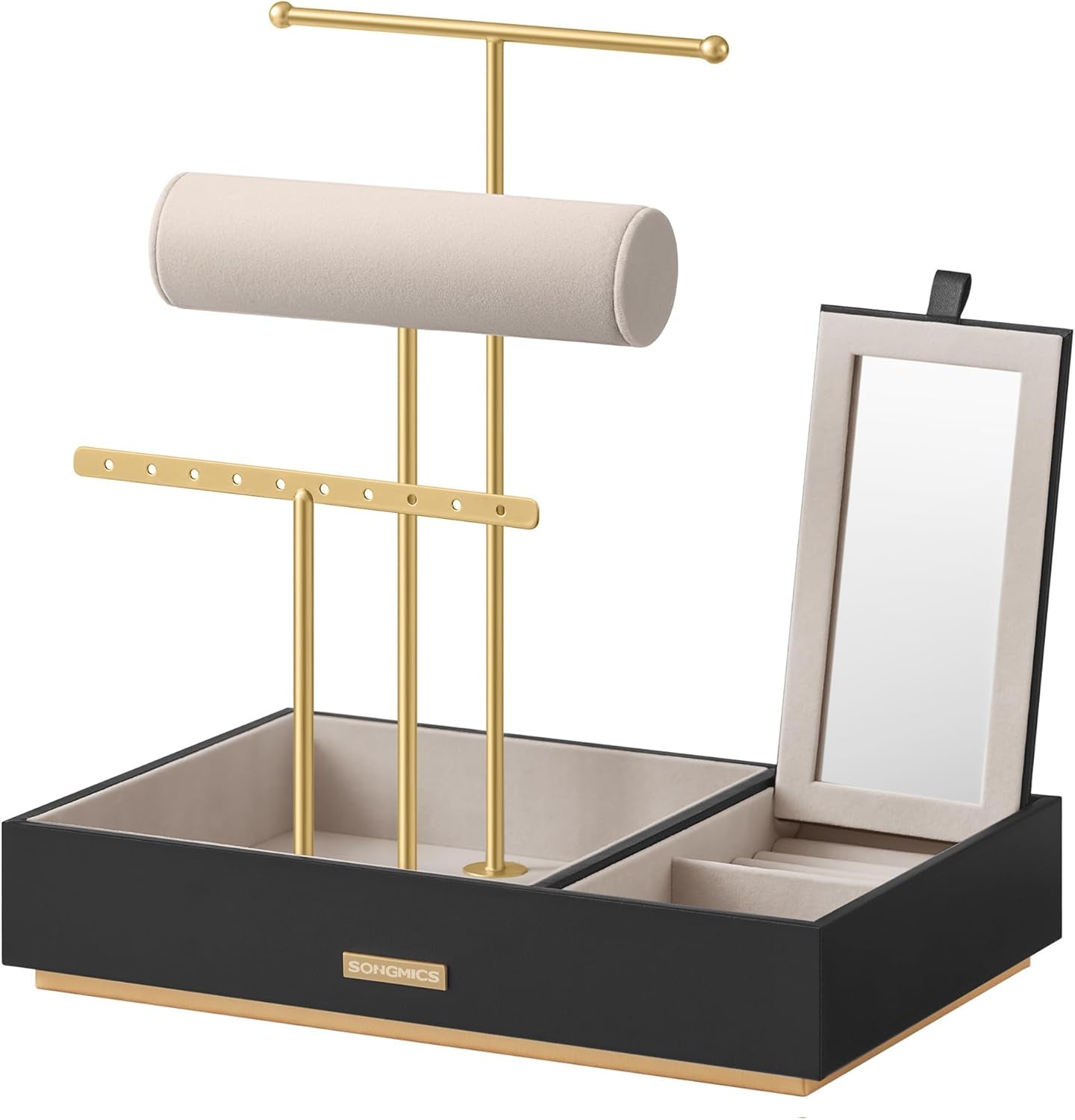 Jewelry Holder, Jewelry Organizer, Jewelry Display Stand, Metal Earring Organizer with Mirror, with Necklace Earring Bracelet Holder, for Rings, Gift Idea, Black and Gold UJJS022B01