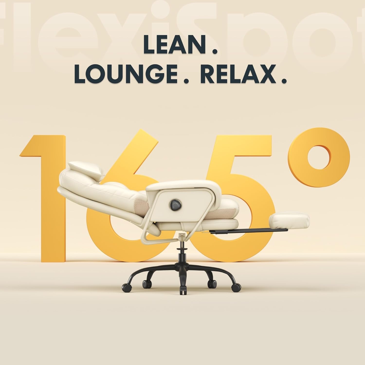 Luno 2-In-1 Chaise Lounge Chair Indoor with Wheels Footrest 90-165° Reclining Lumbar Support, Home Office Chairs for Living Room Bedroom Study Working Relaxing, Leather, Beige White