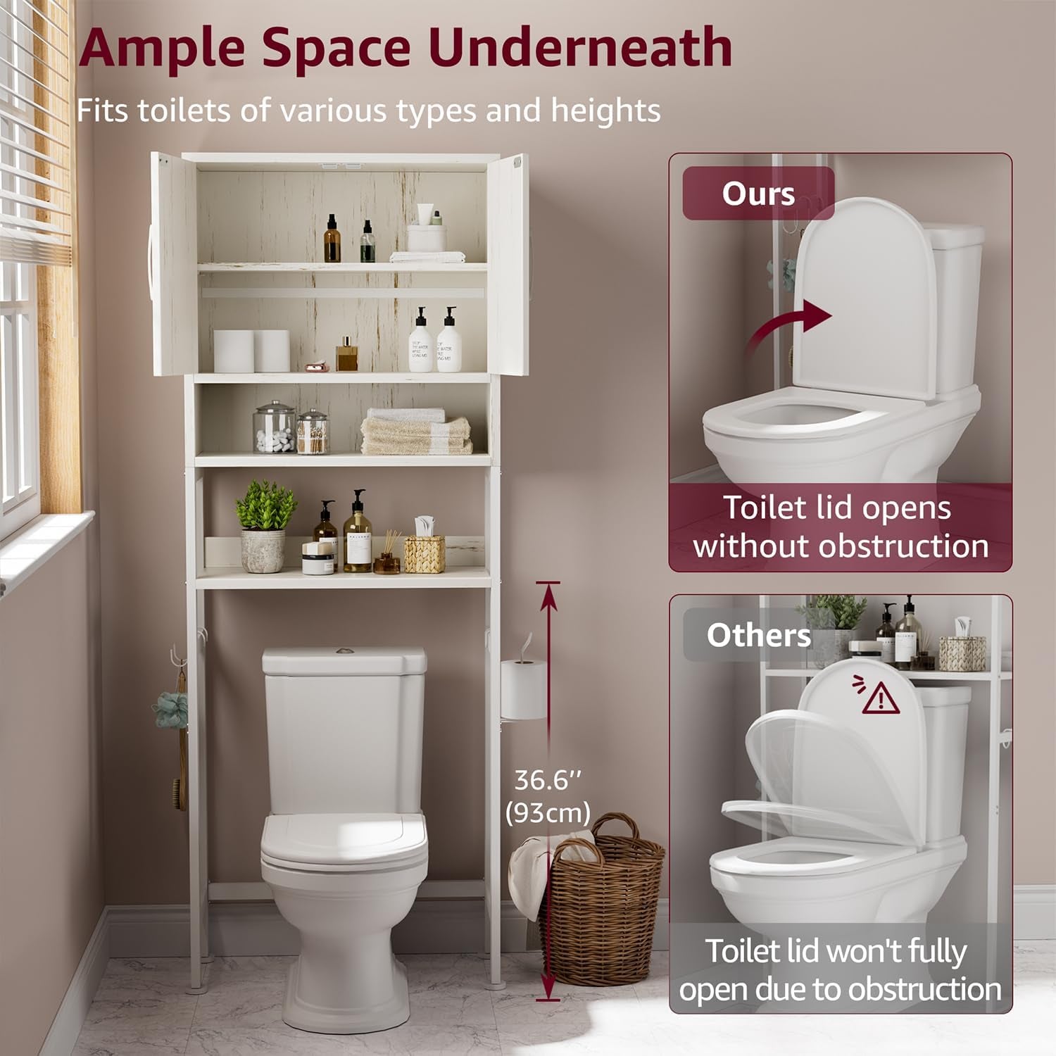 Over the Toilet Storage Cabinet - Bathroom Shelves above Toilet Freestanding Organizer Shelf with Doors Narrow Floor Stand Rack Farmhouse Wood 71" Tall, Distressed White