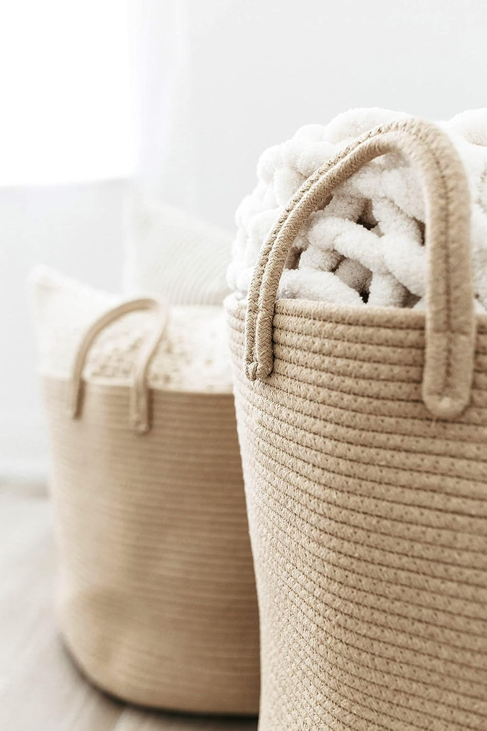 Large Woven Laundry Basket W/Handles 52L, Rope Dirty Clothes Hamper, Blanket Basket for Living Room, Baby Laundry Hamper for Nursery, Soft & Durable Decorative Organizer Bin - Honey