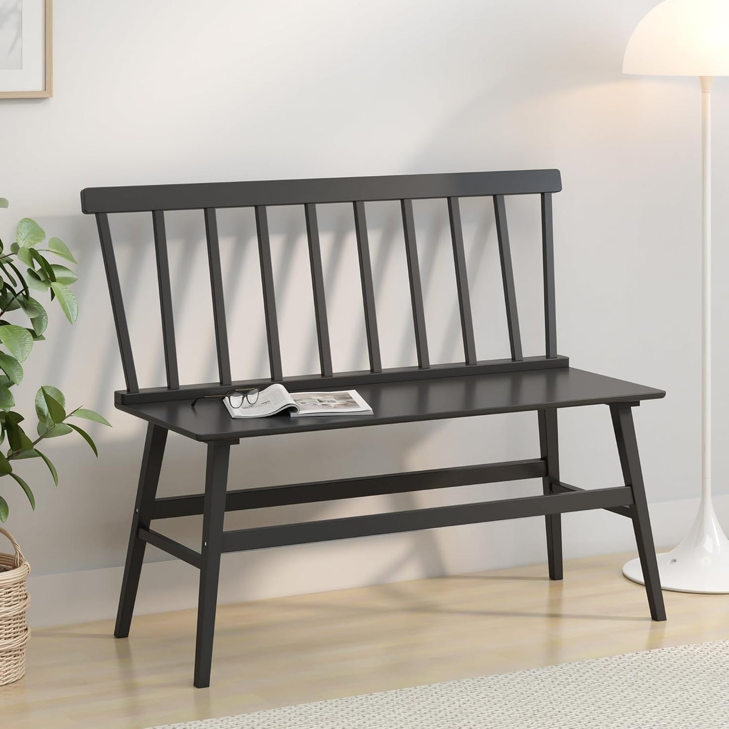 Bamboo Dining Bench, Black Entryway Bench with Spindle Back Farmhouse Wood Windsor for Foyer Balcony Living Room (Nature) (Black)