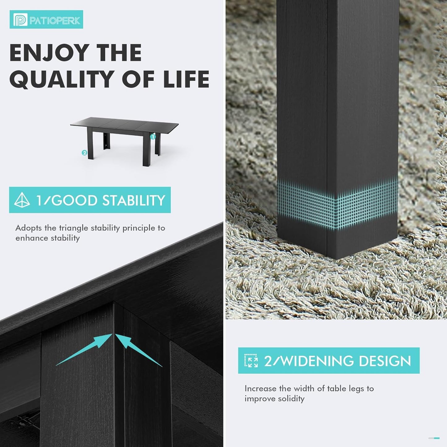 Extendable Dining Room Table for 6-10 Person - Plank and Beam Farmhouse Large Rectangular Kitchen Tables for Living Meeting Room (Onyx Black)