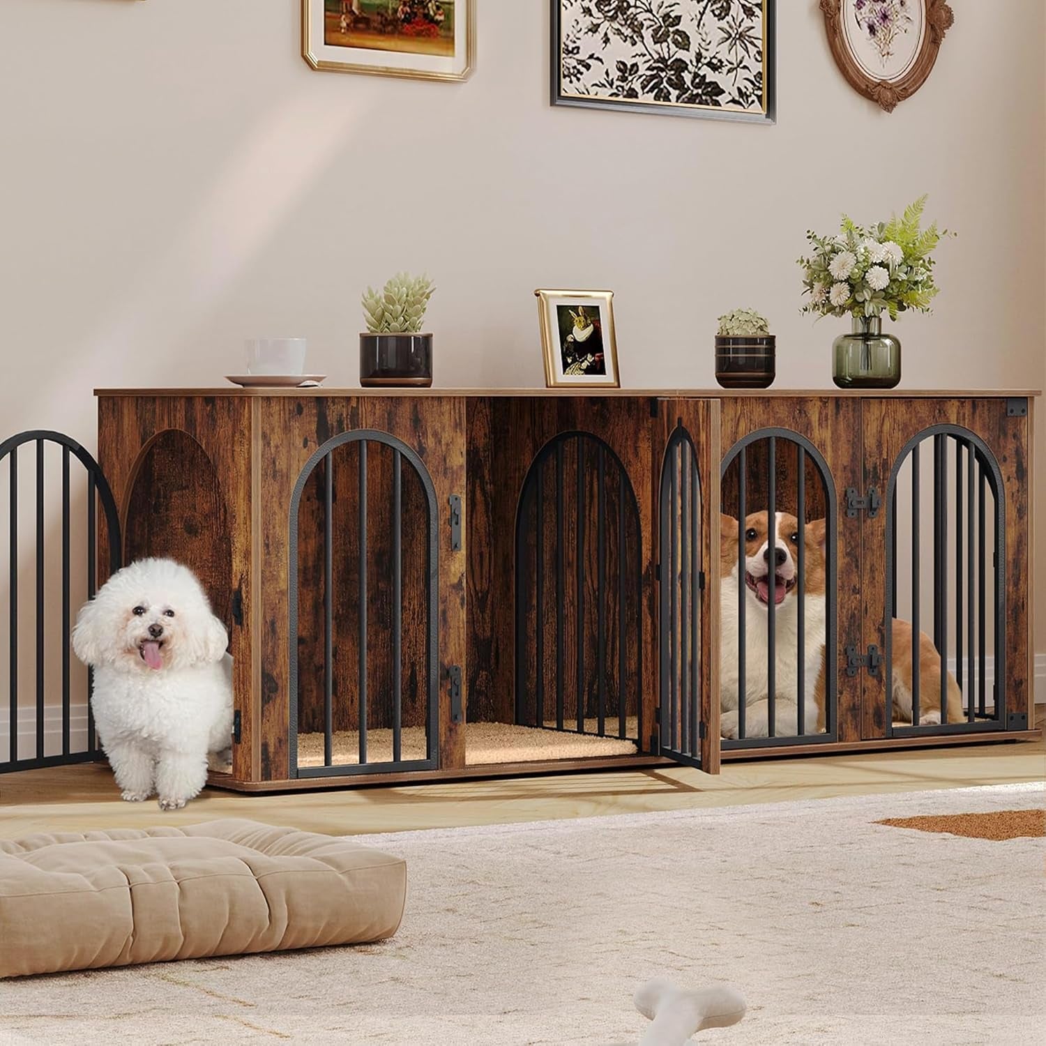 63" Dog Crate Furniture for 2 Dogs, Heavy Duty Indoor Dog Kennel TV Stand, L Wooden Dog Cage with Divider for Medium Large Dogs, End Table Dog Crate with Cushion, Rustic Brown DFC80901B