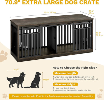 71" Double Dog Crate Furniture with LED Light & Power Outlets, Heavy Duty Dual Dog Kennel TV Stand W Storage Shelves Sliding Doors, Wooden Two Dog Cage Table 2 Medium Large Dogs, Rustic Brown