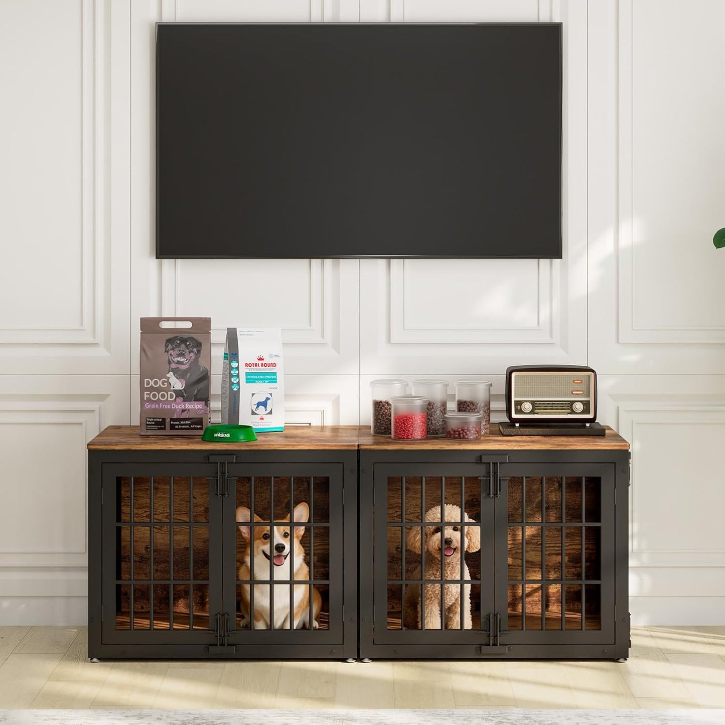 33" Heavy Duty Dog Crate Furniture, Wooden Dog Cage Kennel for Small and Medium Dogs, Dog Kennel Indoor with Side Door, Decorative Pet House End Table, Brown