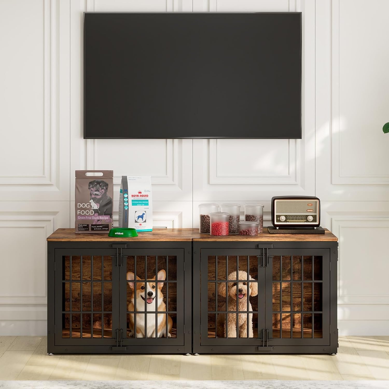 48" Heavy Duty Dog Crate Furniture, Wooden Dog Cage Kennel for Lrage and Extra Large Dogs, Dog Kennel Indoor with Side Door, Decorative Pet House End Table, Brown