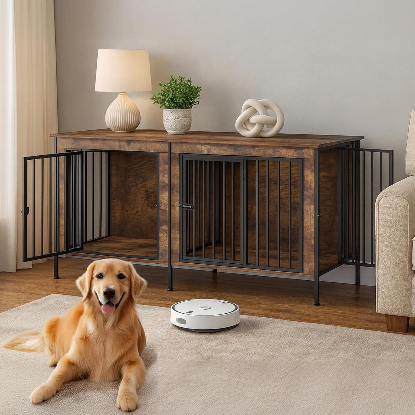 Dog Crate Furniture 78" for 2 Dogs Sturdy Heavy Duty Dog Kennel Solid Metal Tube Thick Wooden with 3 Lockable Doors XXL Double Dog Cage Large Breed as End Table for Large Dogs Rustic Brown