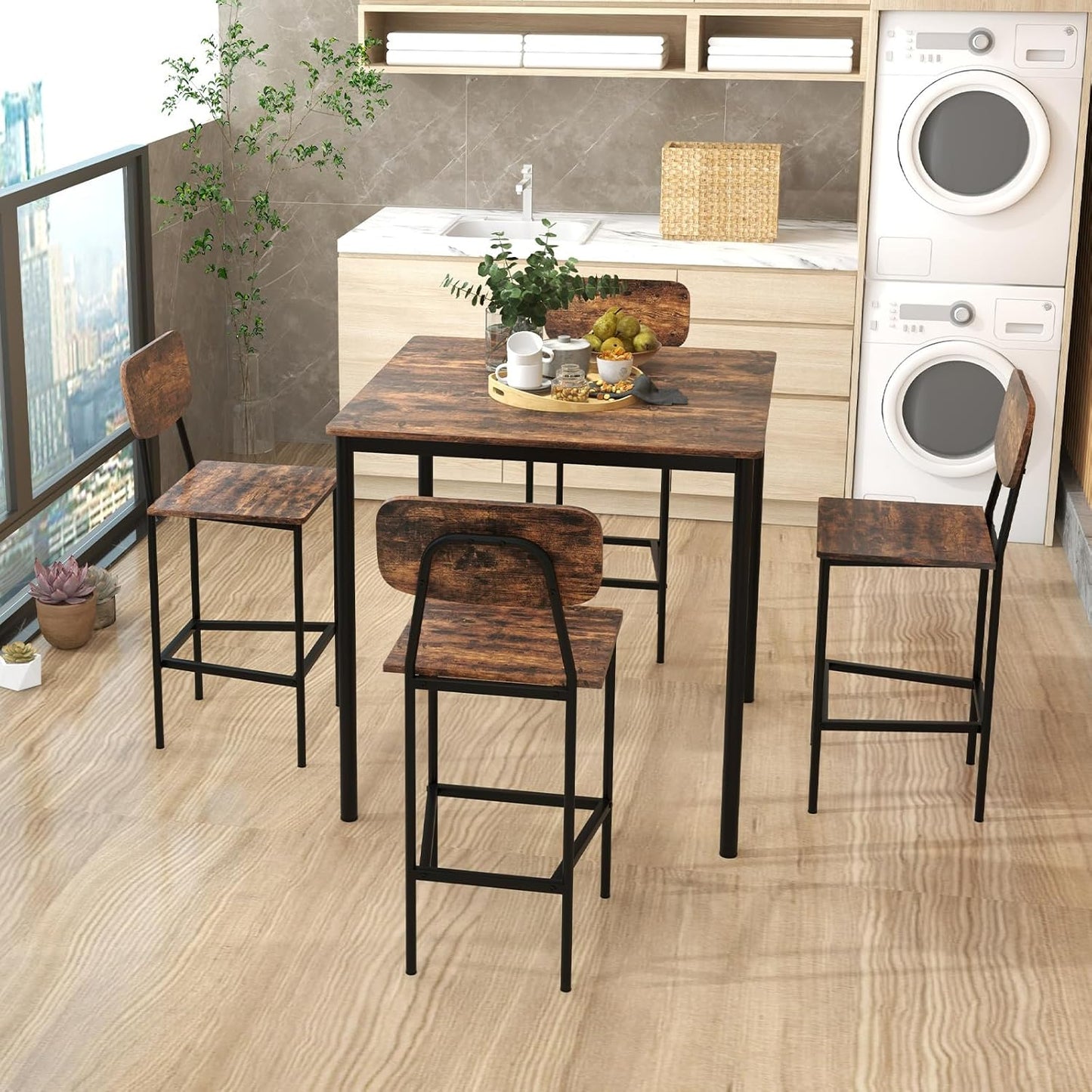 5-Piece Dining Table Set W/Counter Height Table & 4 Bar Stools, Industrial Kitchen Dining Set W/Footrest & Backrest, Space-Saving Dinette Set for Pub, Dining Room, Restaurant (Mix Brown)