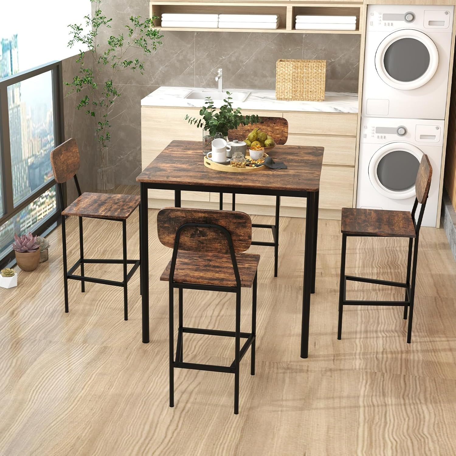 5-Piece Dining Table Set W/Counter Height Table & 4 Bar Stools, Industrial Kitchen Dining Set W/Footrest & Backrest, Space-Saving Dinette Set for Pub, Dining Room, Restaurant (Mix Brown)