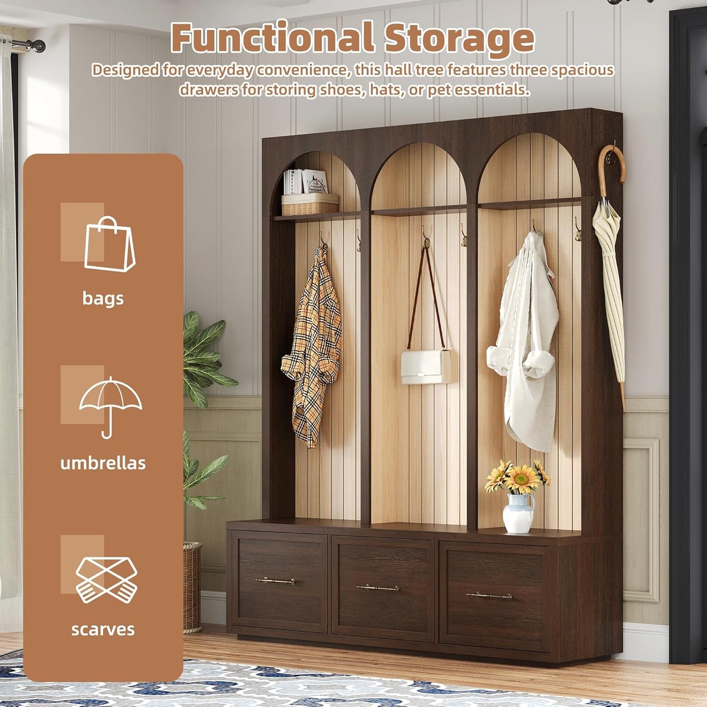 Hall Tree with Bench & 3 Large Storage Drawers, Arched Design Farmhouse Wooden Style 59" Wide Entryway Coat Rack with 8 Hooks for Mudroom, Living Room (Dark Walnut, 74.8" H)