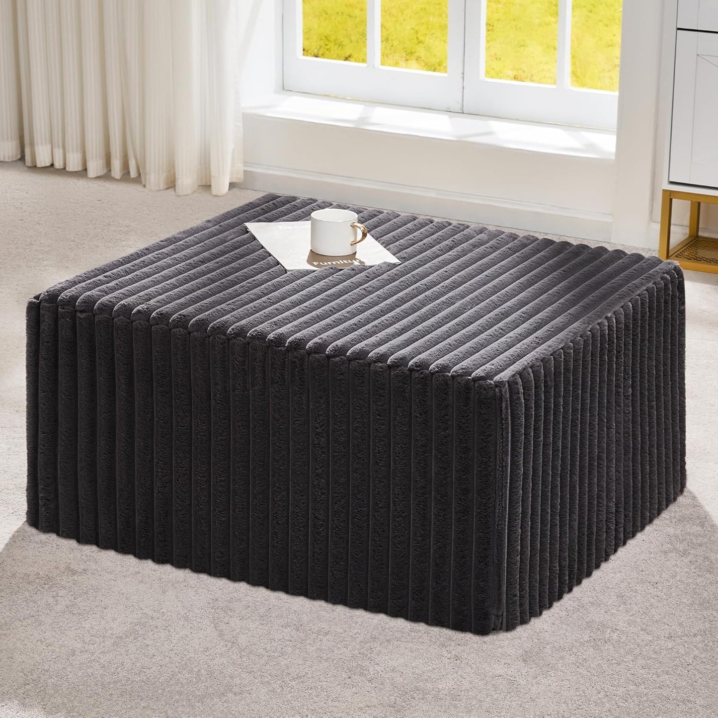 Rectangle Ottoman Memory Foam Footrest for Couch with Removable Cover Large Floor Seating for Adults Ottoman Coffee Table for Living Room, Bedroom or Office (Strip Grey, Footrest)