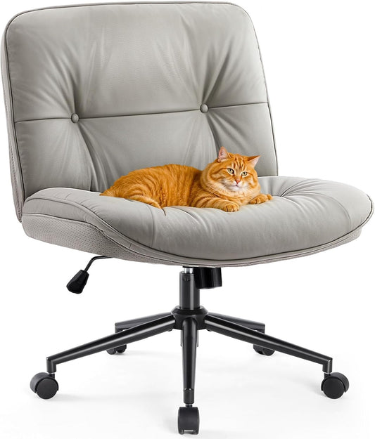 Criss Cross Armless Office Chair - PU Leather Adjustable Swivel Wide Seat with Thick Padding, Ergonomic Rolling Computer Desk Task Chair for Modern Vanity & Makeup with Wheels