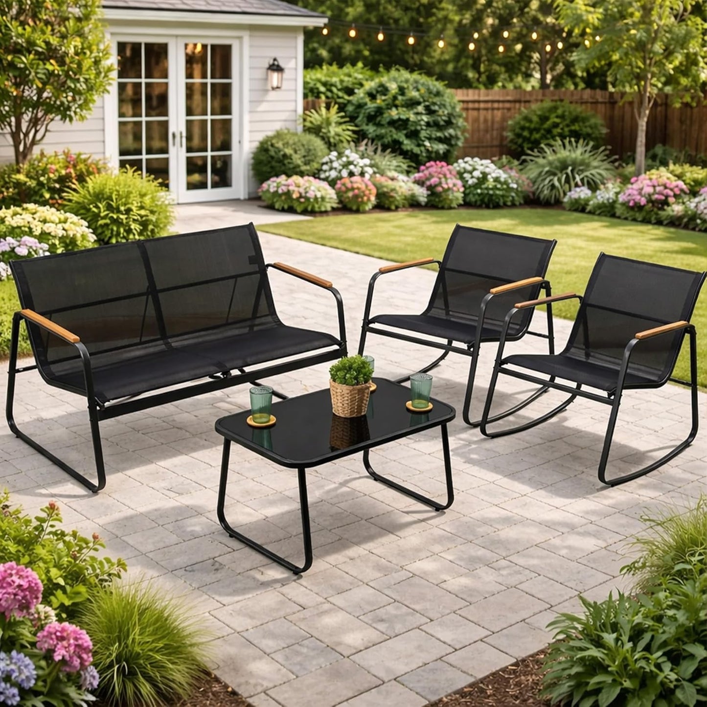 4-Piece Outdoor Patio Furniture Set with Textilene Chairs, Metal Conversation Set, Tempered Glass Coffee Table, Powder-Coated Steel Frame for Garden, Poolside, Backyard Black