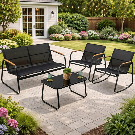 4-Piece Outdoor Patio Furniture Set with Textilene Chairs, Metal Conversation Set, Tempered Glass Coffee Table, Powder-Coated Steel Frame for Garden, Poolside, Backyard Black