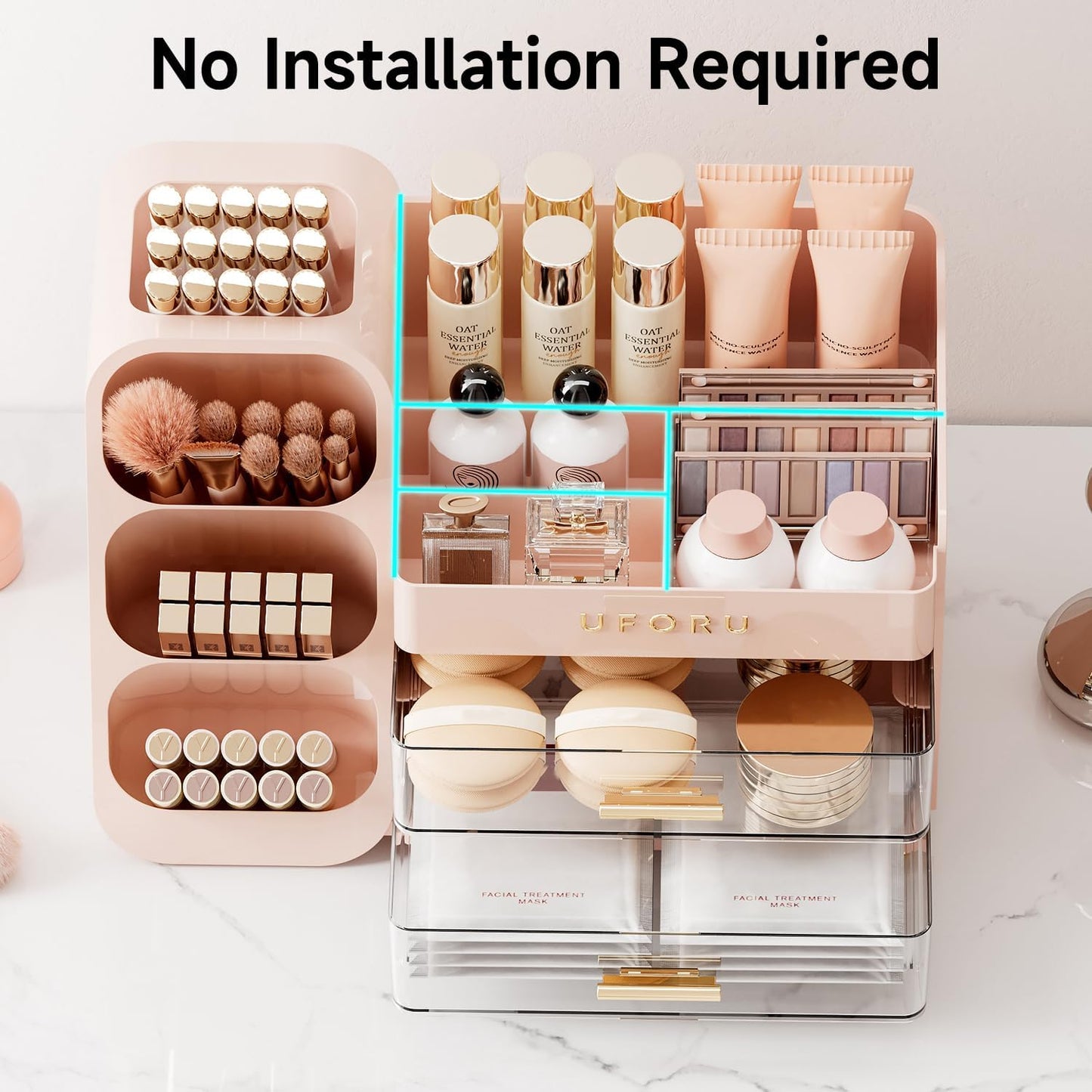 Makeup Organizer for Vanity with Brush Holder, Countertop Organizer with 2 Drawers, Spacious Cosmetic Display Case for Beauty Essential, Skincare, Lipstick