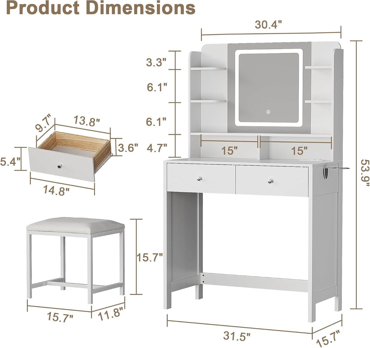 White Vanity with Lighted Mirror, 8 Shelves, 2 Drawers, Charging Station, Hair Dryer Holder & Stool, LED Mirror with 3 Light Modes